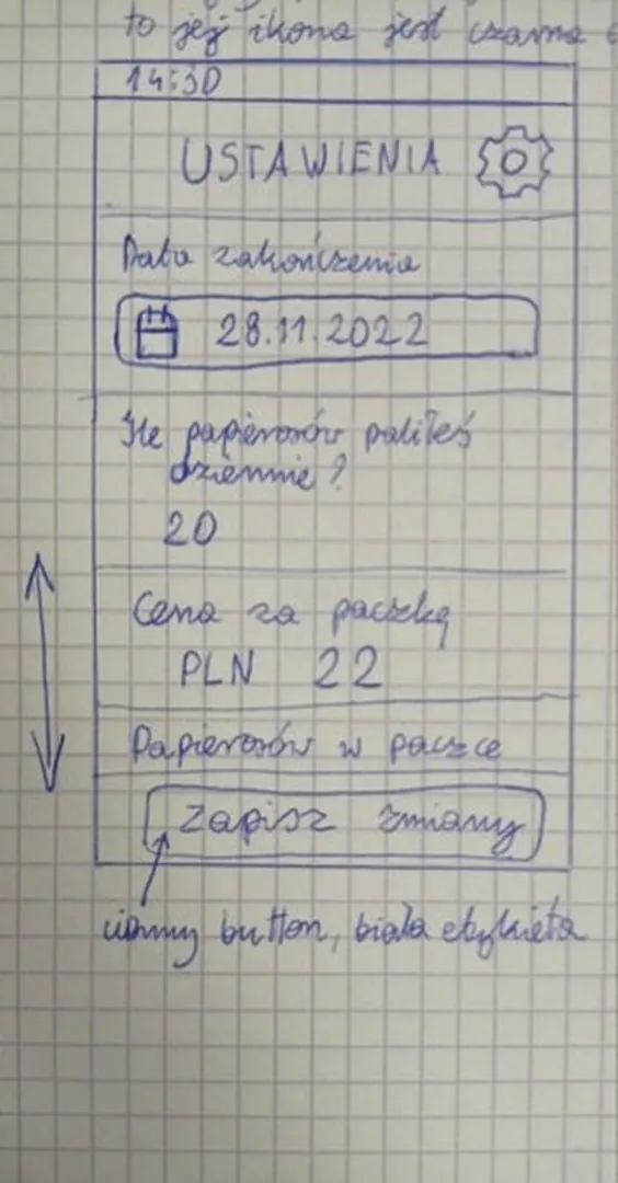 Sketch — Settings — quit date, price, pack size