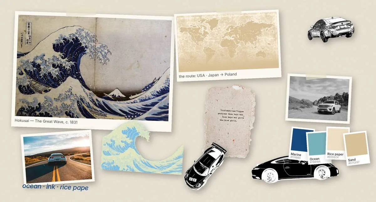 Moodboard — Hokusai’s Great Wave, an old route map, rice paper, ink car drawings and the palette